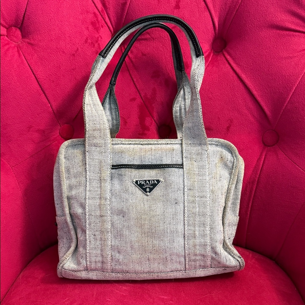 Prada Grey Mini Canvas Tote with Black Trim